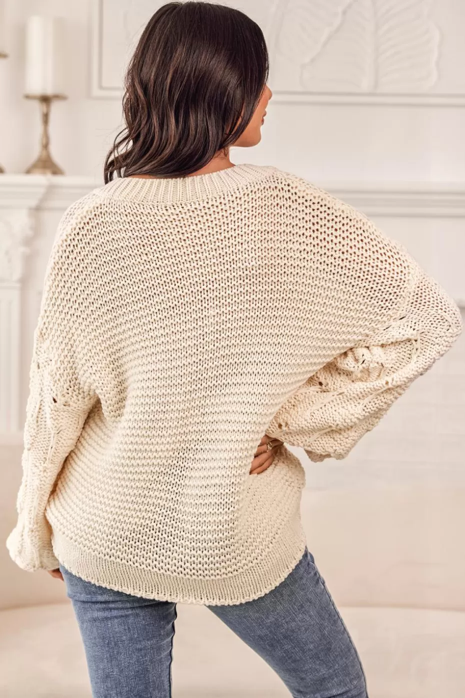 Online Cupshe Popcorn Knit V-Neck Drop Sleeve Sweater Neutral