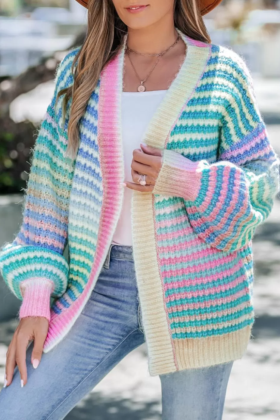 Hot Cupshe Rainbow Open Front Long Sleeve Cardigan Pink