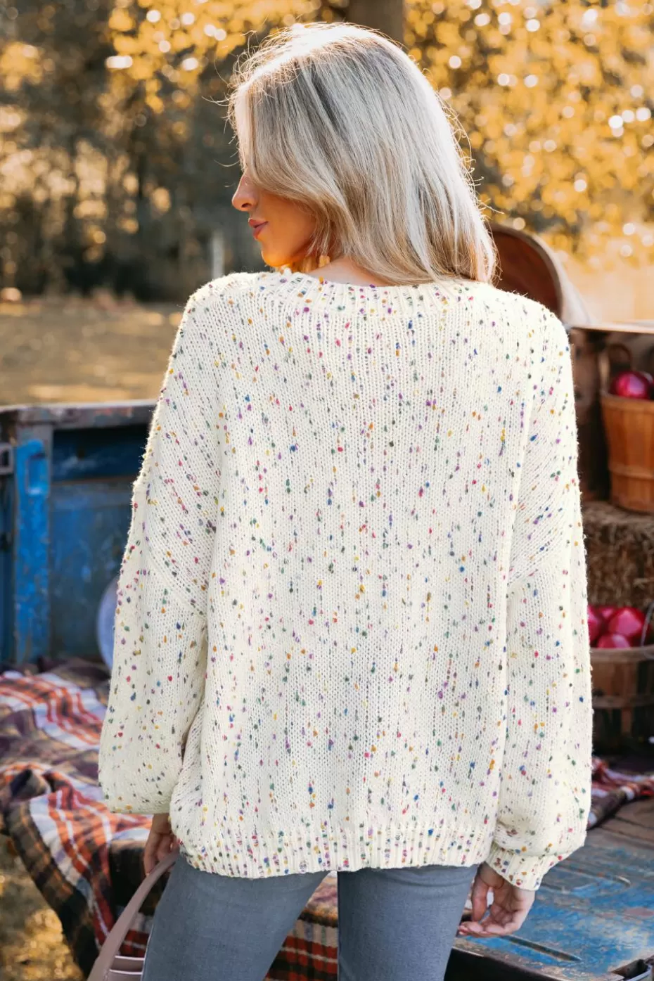 Hot Cupshe Rainbow Pom Pom Drop Sleeve Sweater White