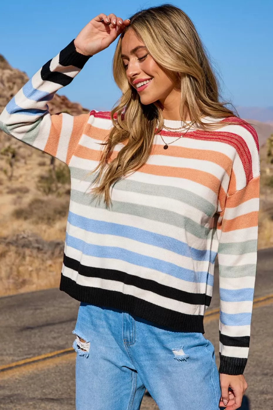 Best Cupshe Rainbow Striped Ribbed Knit Long Sleeve Sweater Red