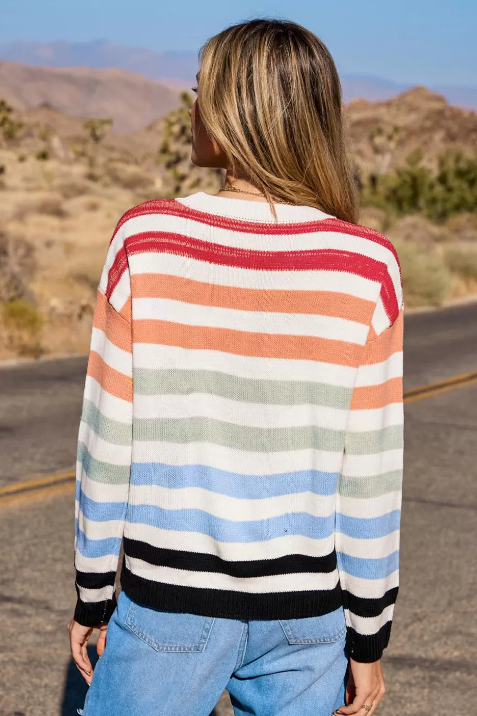 Best Cupshe Rainbow Striped Ribbed Knit Long Sleeve Sweater Red