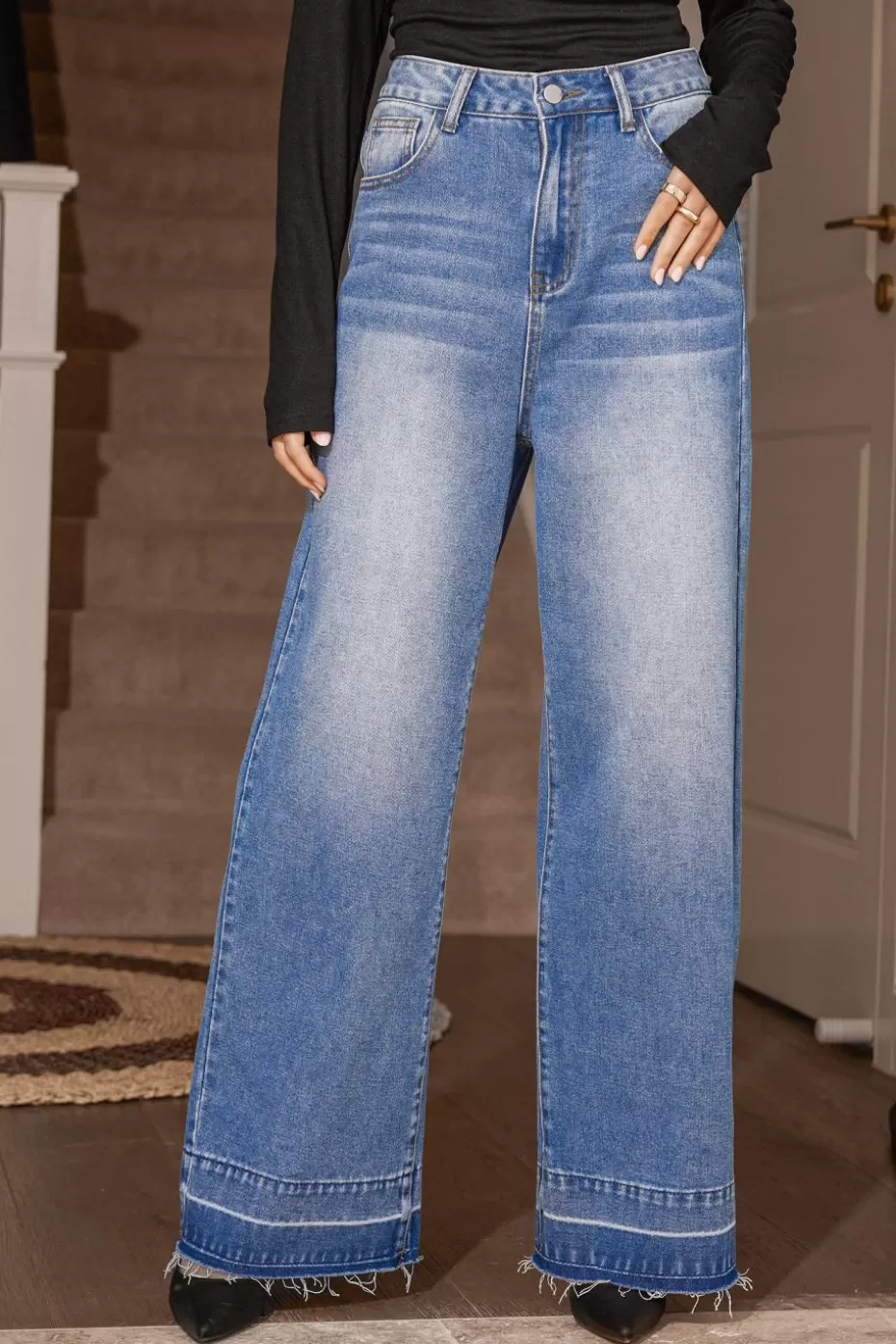 Outlet Cupshe Raw-Cut Flare Jeans Blue