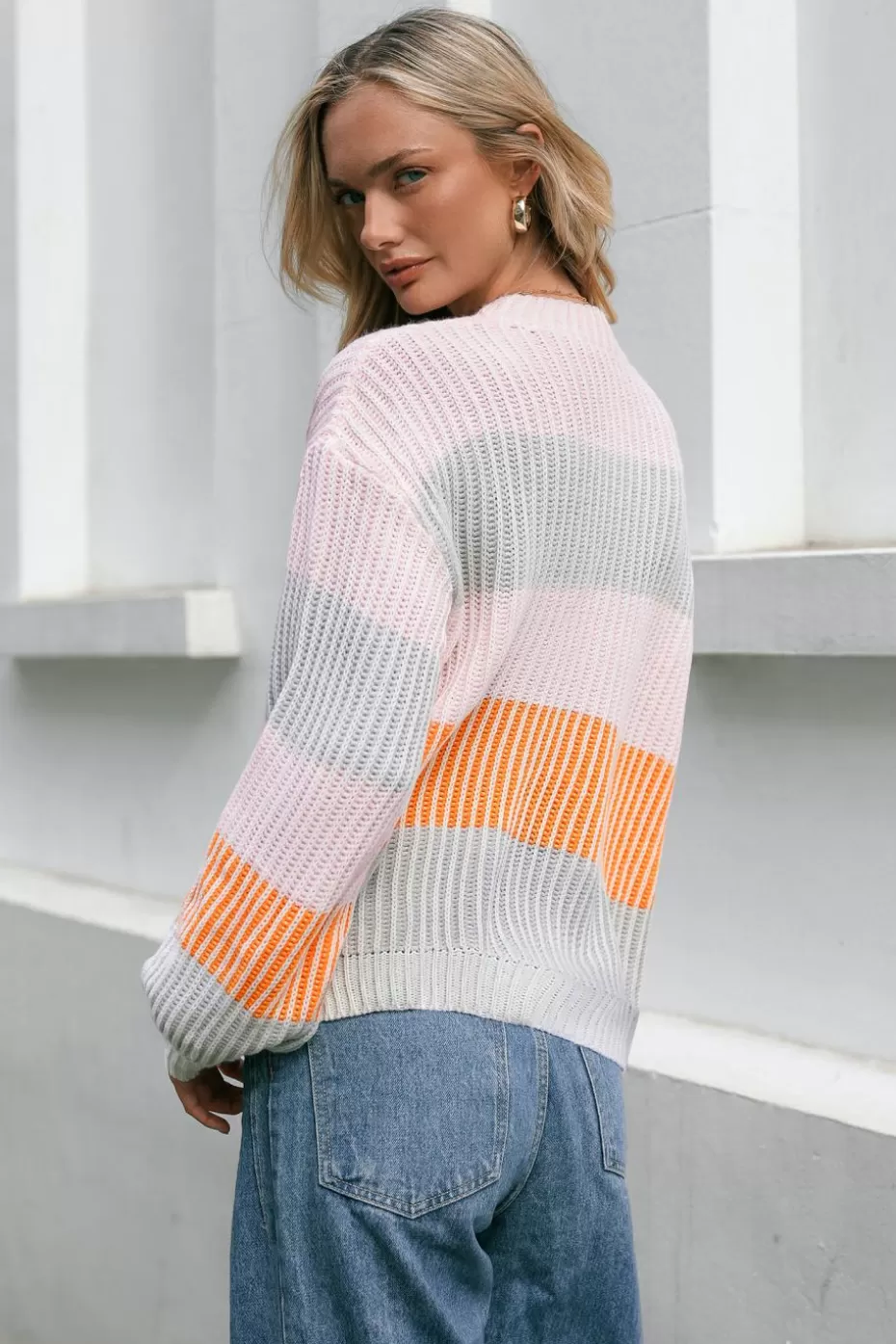 Outlet Cupshe & Orange Stripe Puff Sleeve Sweater Red