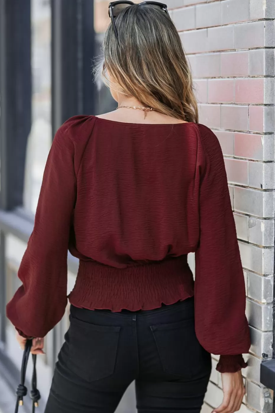 Sale Cupshe Blouson Sleeve Smocked Cropped Blouse Red
