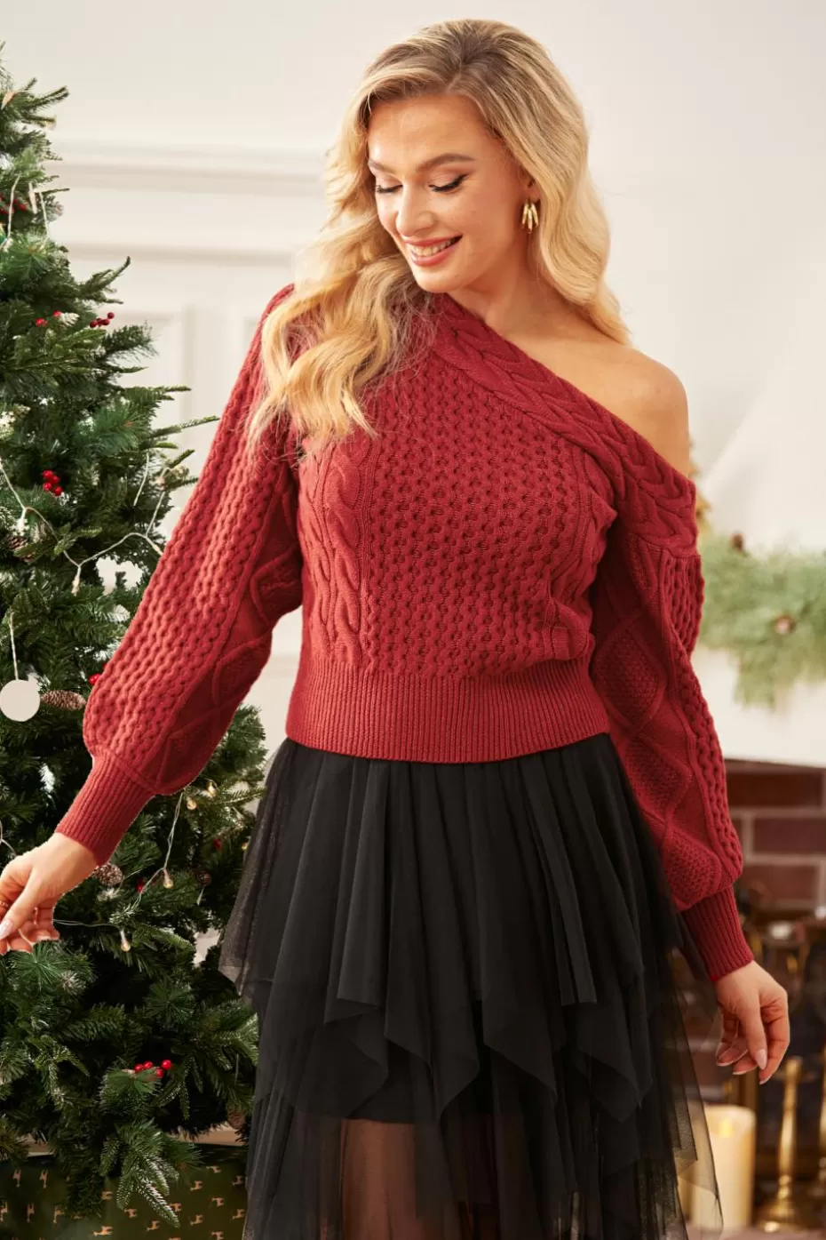 Flash Sale Cupshe Cable Knit Off-Shoulder Puff Sleeve Sweater Red