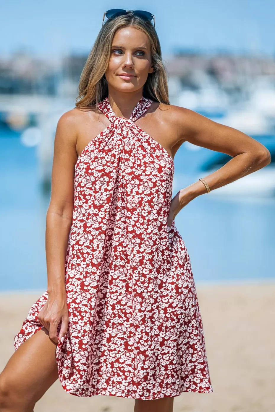 Sale Cupshe Floral Ditsy Twisted Halterneck Mini Dress Red