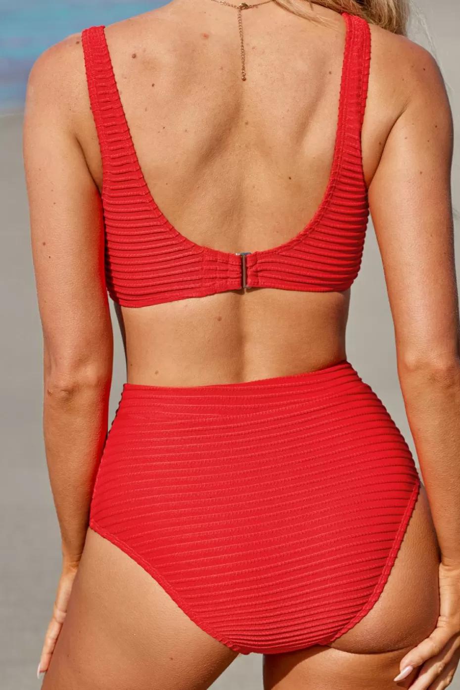 Online Cupshe Horizontal Ribbed Bikini Top & Standard Bottoms Set Red