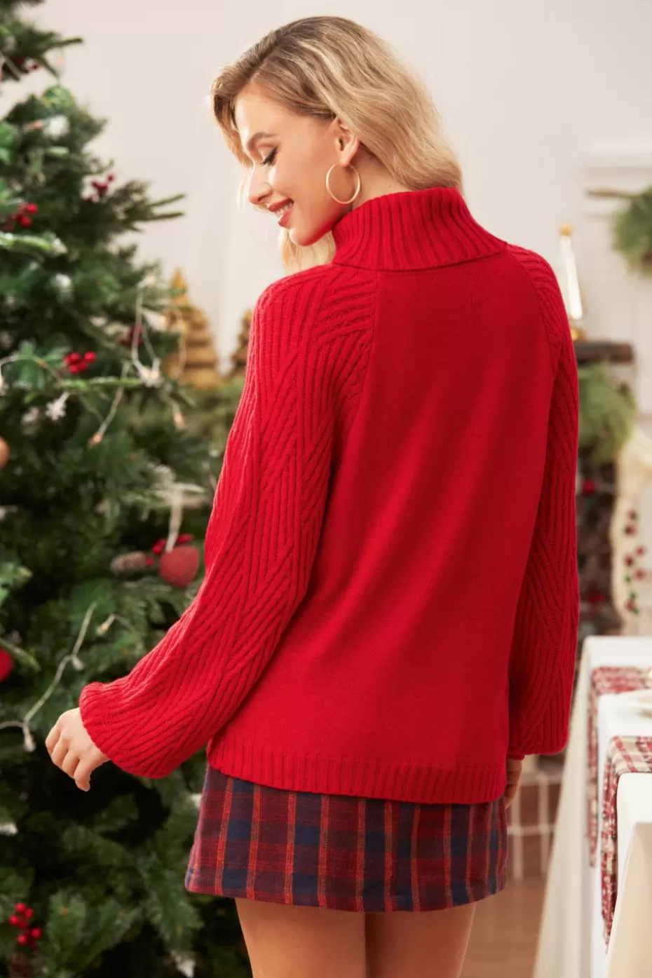 Hot Cupshe Knit Puff Sleeve Turtleneck Sweater Red