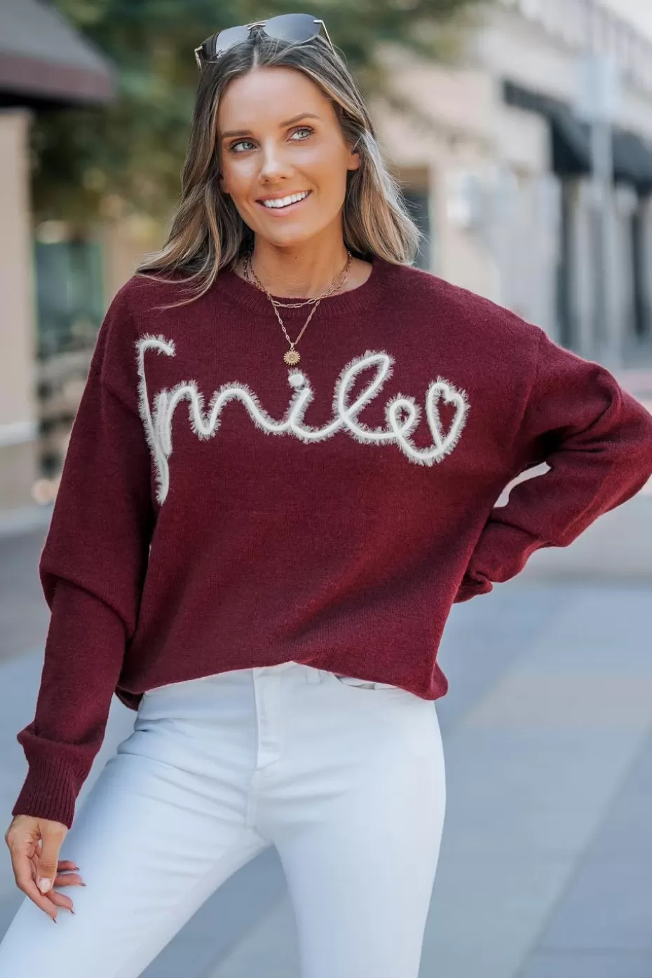 Store Cupshe Letter Embroidery Round Neck Long Sleeve Sweater Red