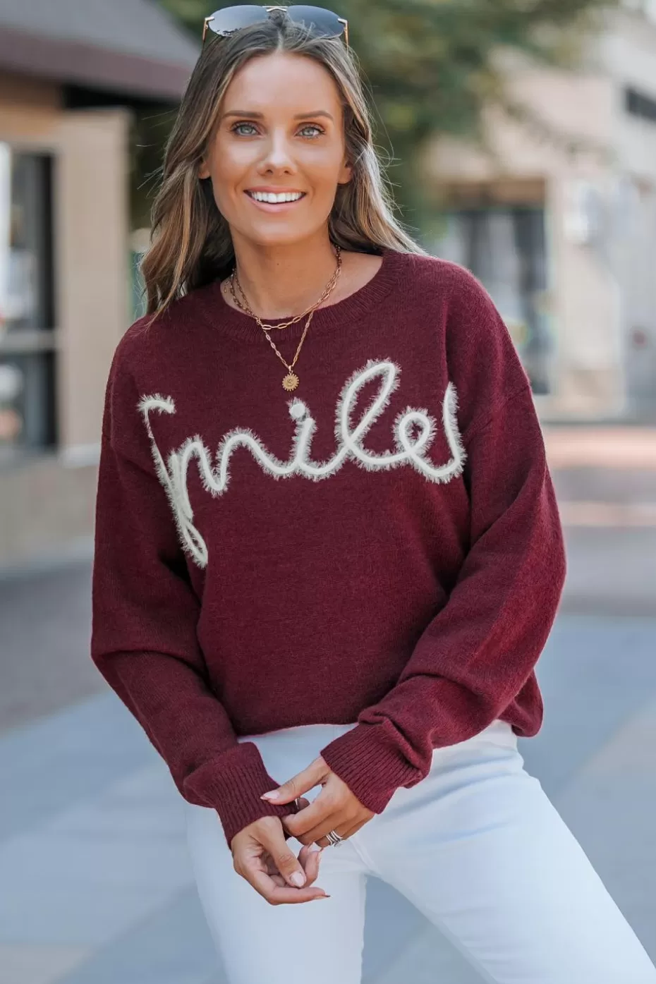 Store Cupshe Letter Embroidery Round Neck Long Sleeve Sweater Red