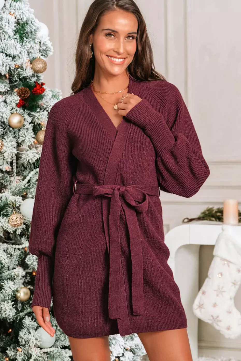 Cheap Cupshe Long Sleeve Belted Knit Cardigan Red