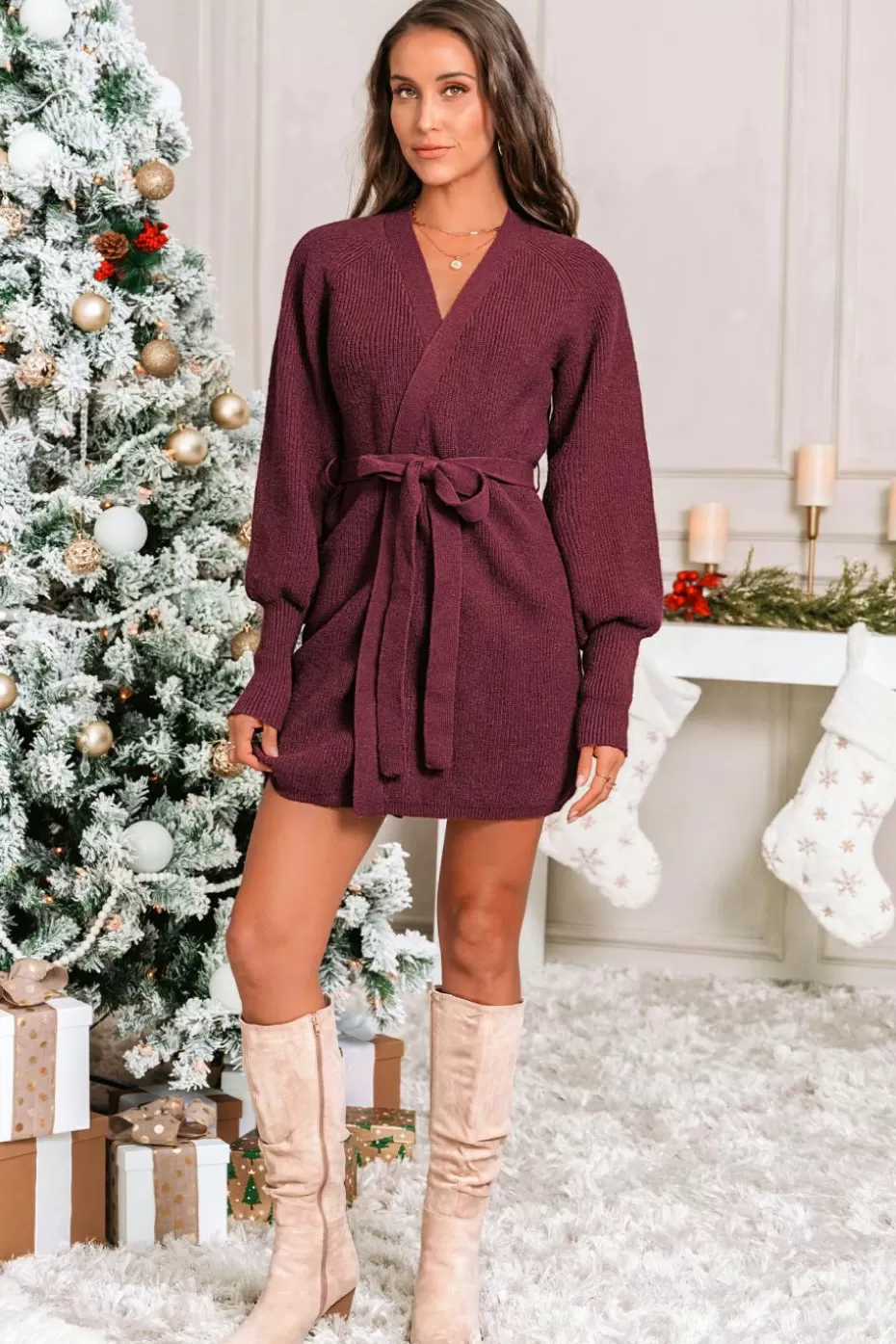Cheap Cupshe Long Sleeve Belted Knit Cardigan Red