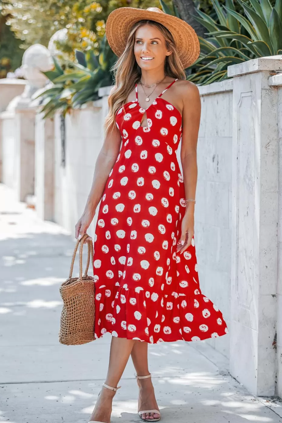 Hot Cupshe Polka Dot Halter Asymmetrical Midi Dress Red