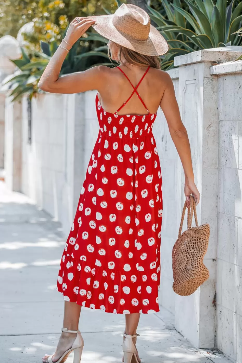 Hot Cupshe Polka Dot Halter Asymmetrical Midi Dress Red