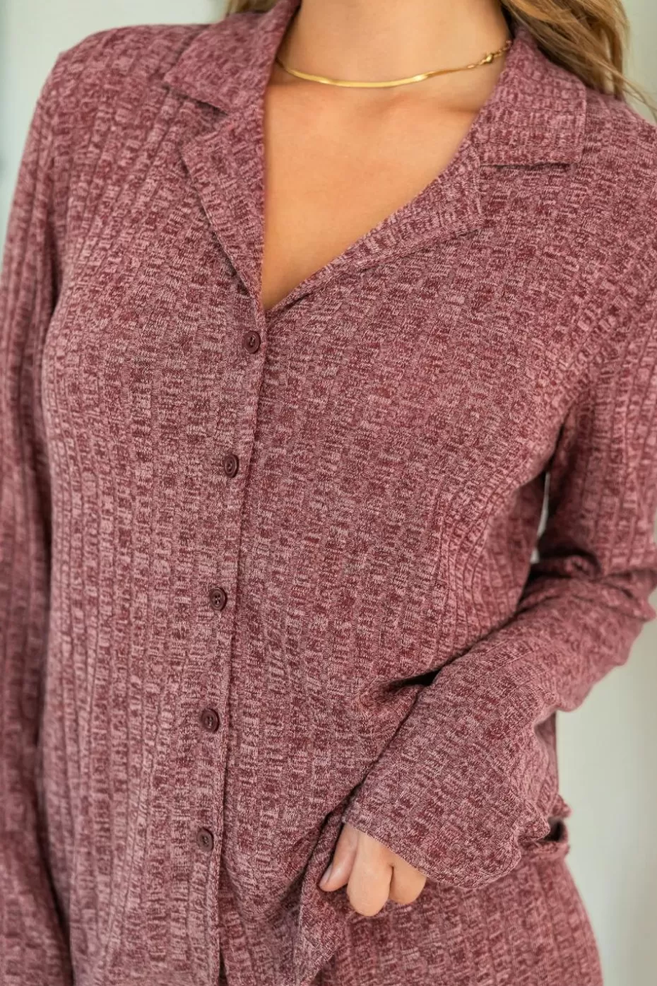 Online Cupshe Ribbed Knit Long Sleeve Top & Pants Pajama Set Red