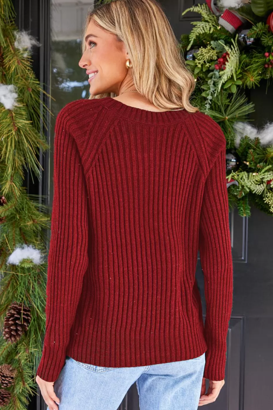 Clearance Cupshe Round Neck Cutout Sweater Red