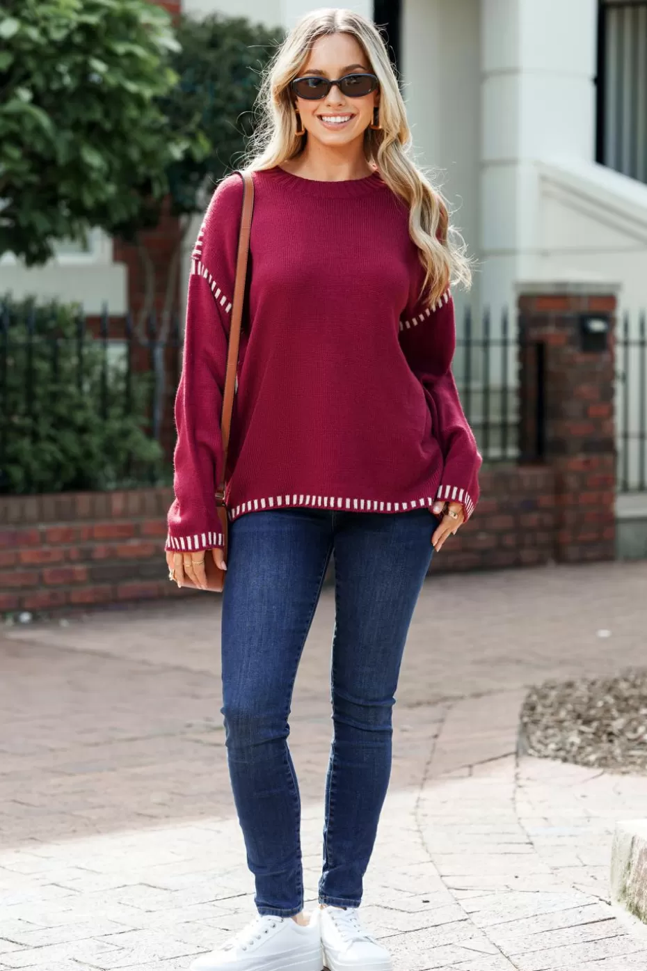 Sale Cupshe Round Neck Drop Shoulder Long Sleeve Sweater Red