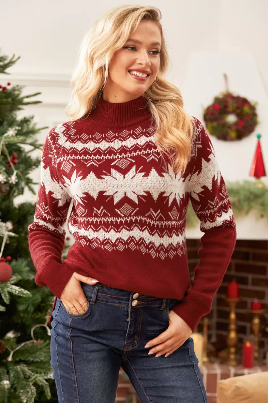 Best Cupshe Snowflake Long Sleeve Turtleneck Sweater Red