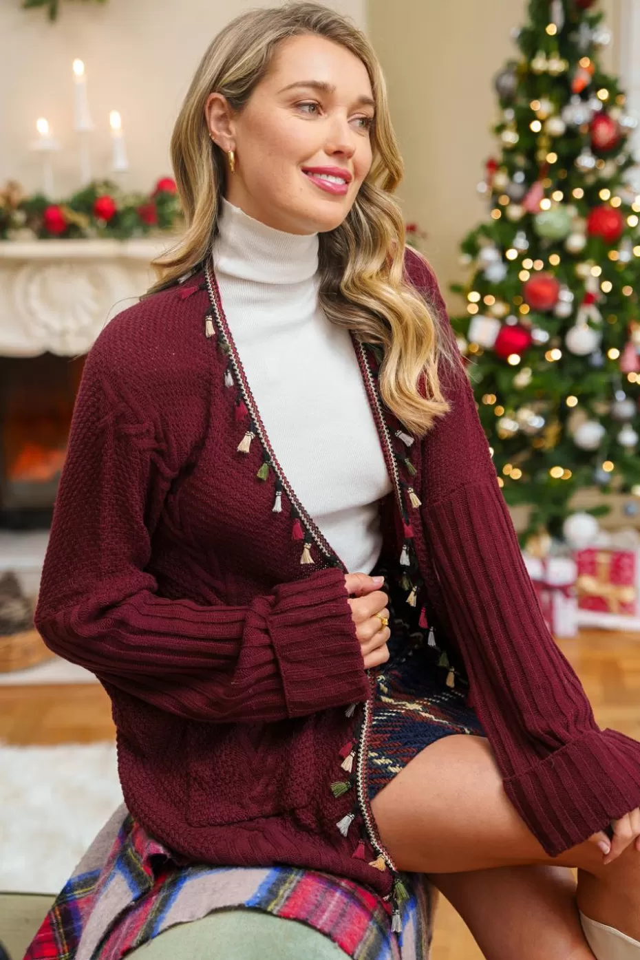 Best Sale Cupshe Red Tassel Long Sleeve Open Front Cardigan Burgandy