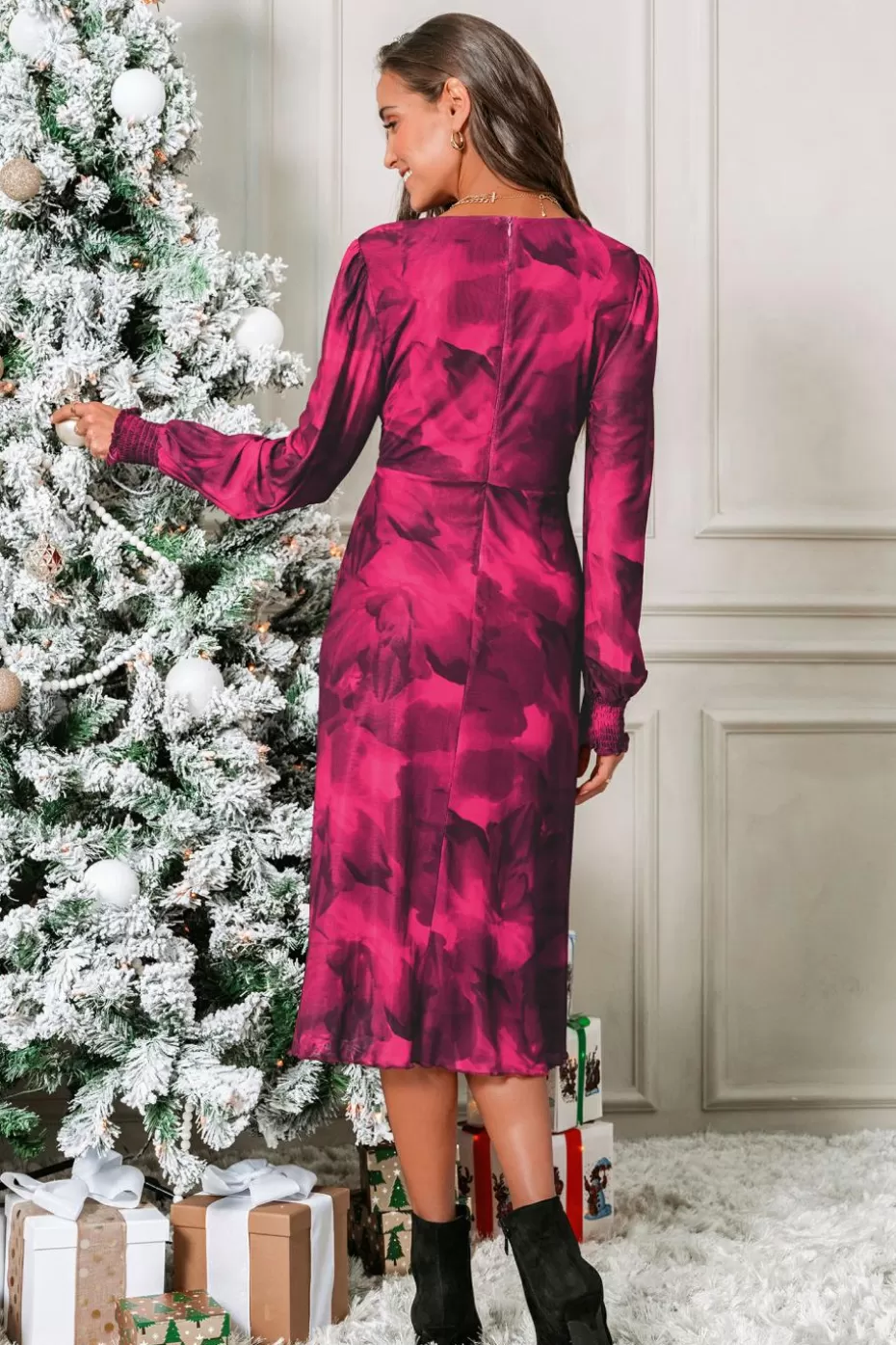 Shop Cupshe V-Neck Long Blouson Sleeve Midi Dress Red