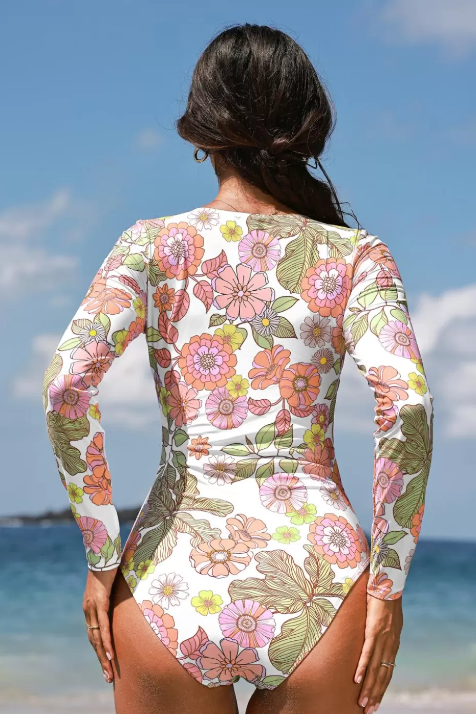 Fashion Cupshe Retro Floral Front Zipper Rashguard Multi