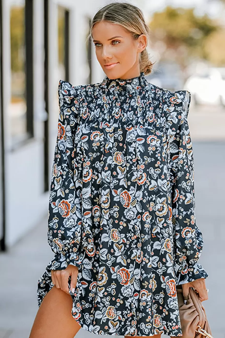 Store Cupshe Retro Floral Print Ruffled Mini Dress Black