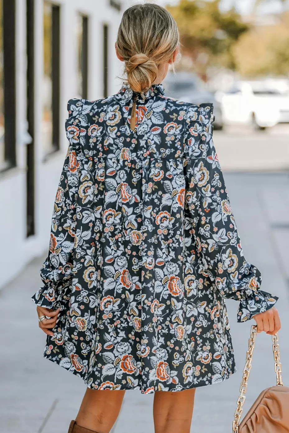 Store Cupshe Retro Floral Print Ruffled Mini Dress Black