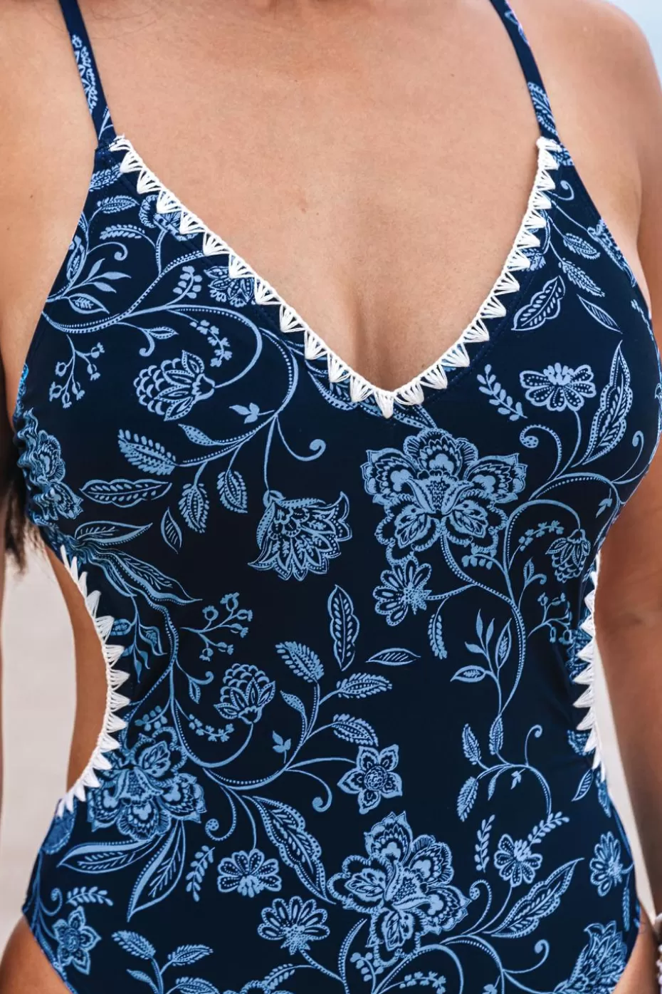Shop Cupshe Retro Paisley Floral Crossback One-Piece Dark Navy