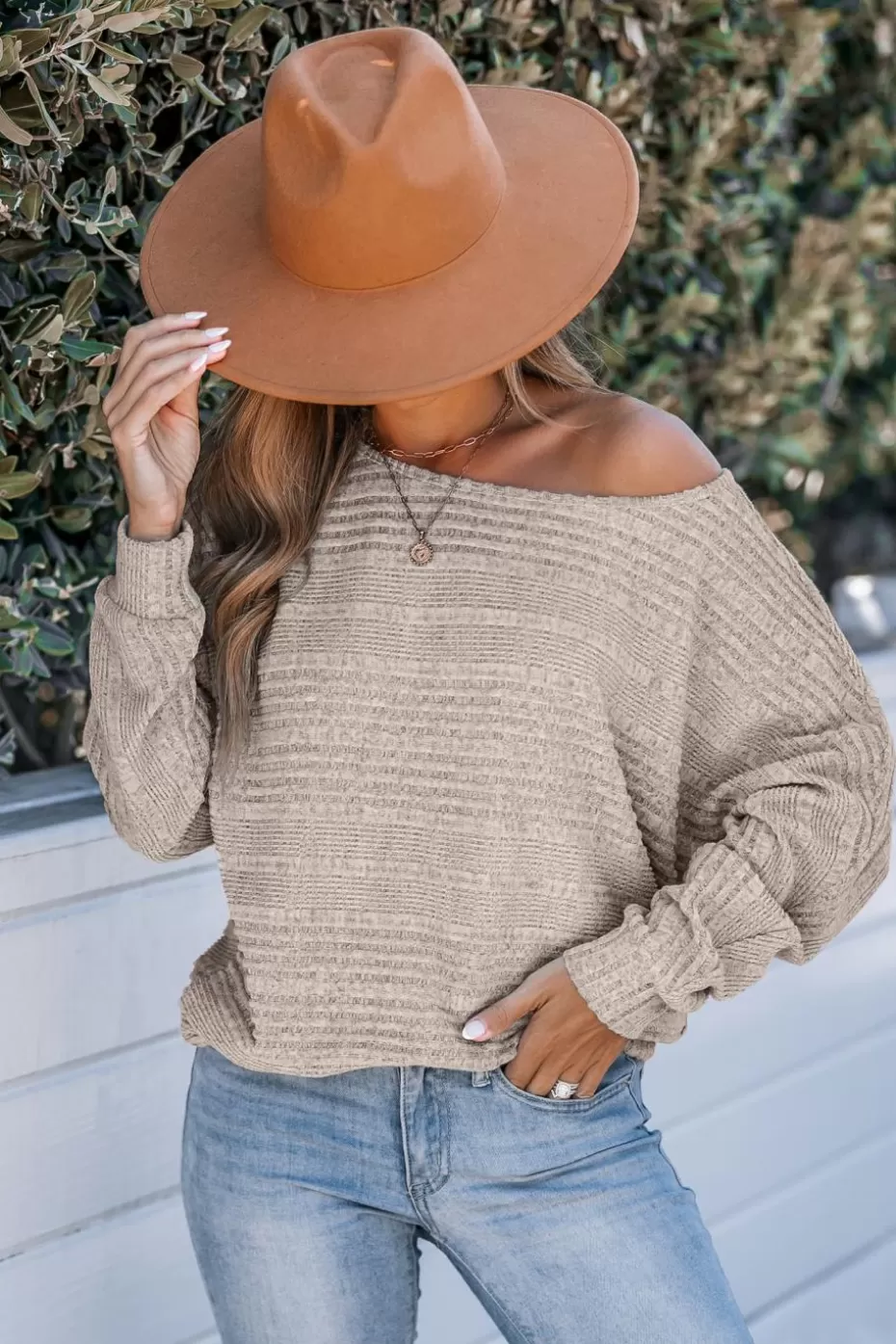 Online Cupshe Rib Knit Round Neck Long Sleeve Sweater Khaki