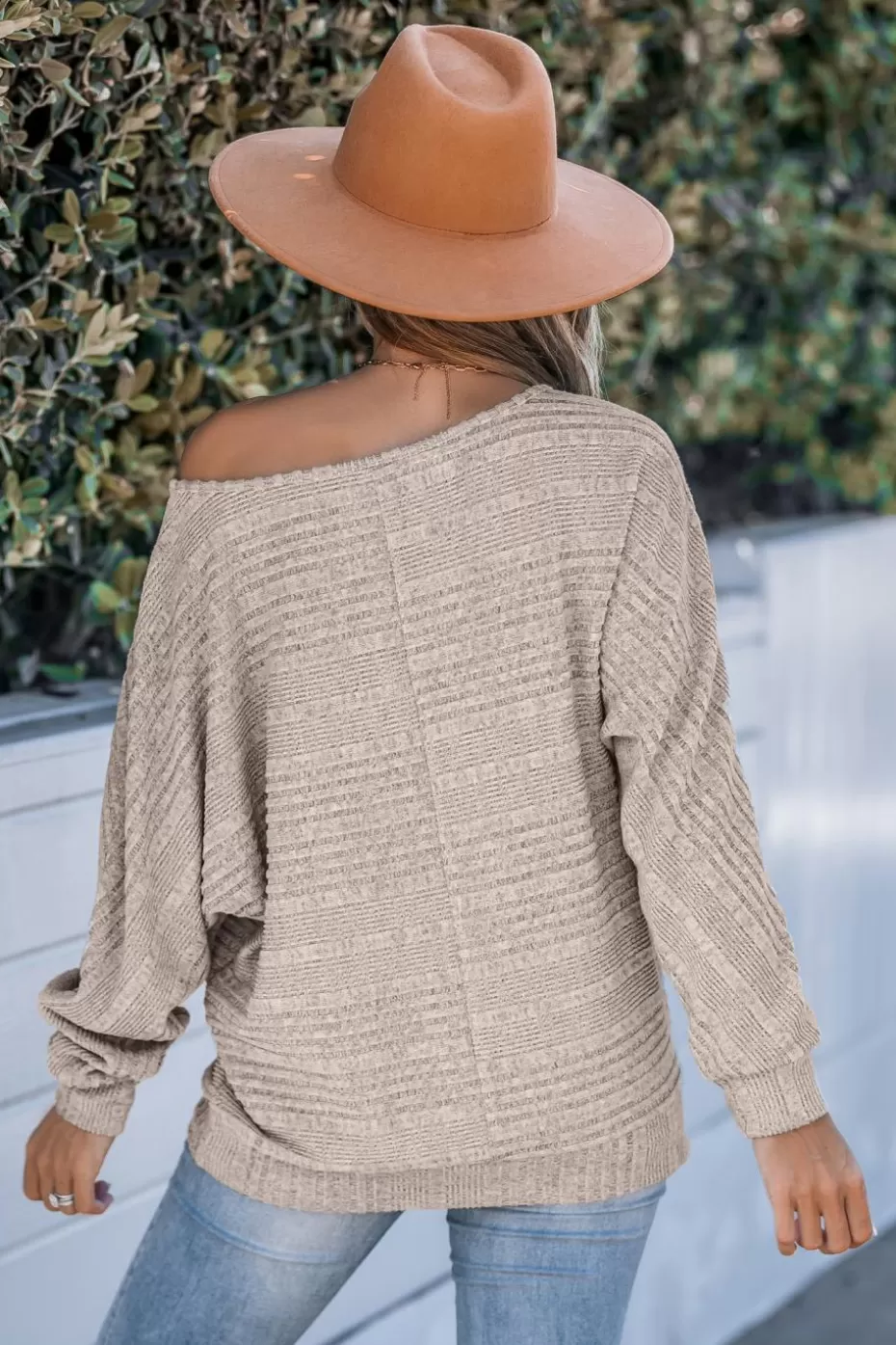 Online Cupshe Rib Knit Round Neck Long Sleeve Sweater Khaki
