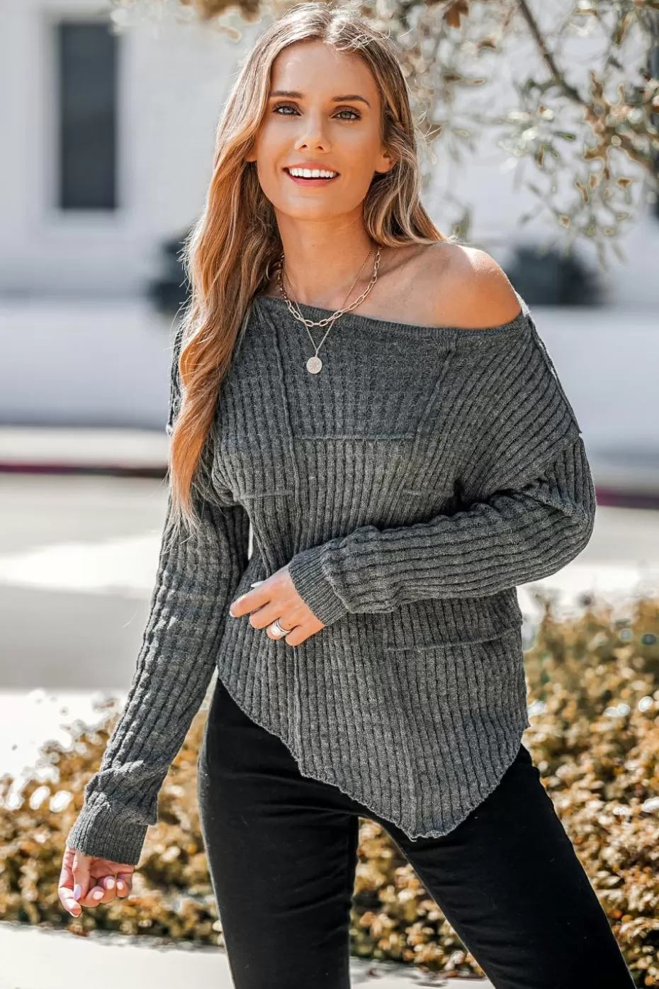 Store Cupshe Rib One-Shoulder Asymmetrical-Hem Sweater Grey