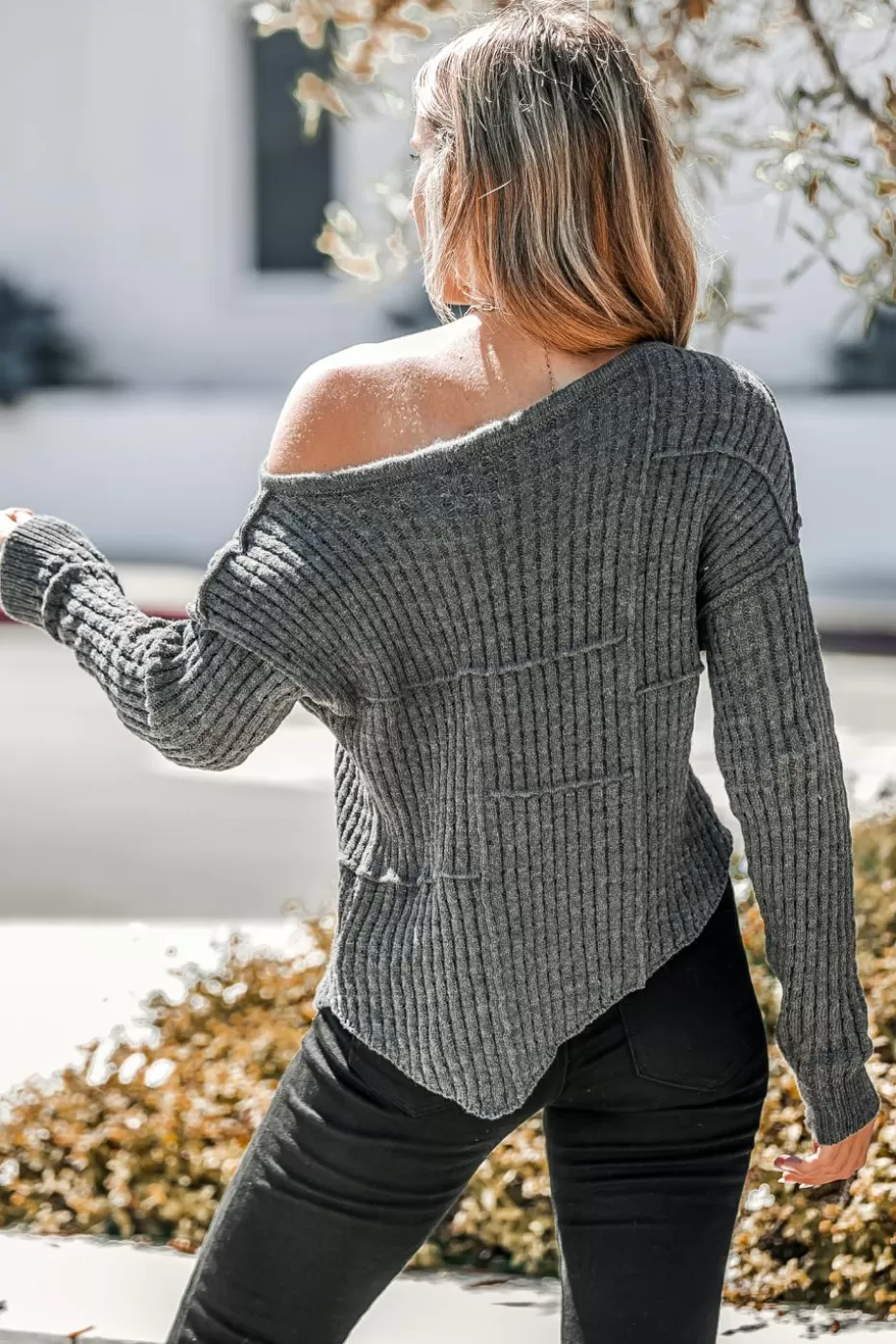 Store Cupshe Rib One-Shoulder Asymmetrical-Hem Sweater Grey