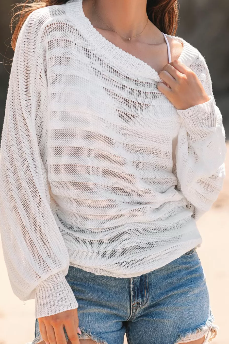 Store Cupshe Ribbed Asymmetrical Neck Sweater White