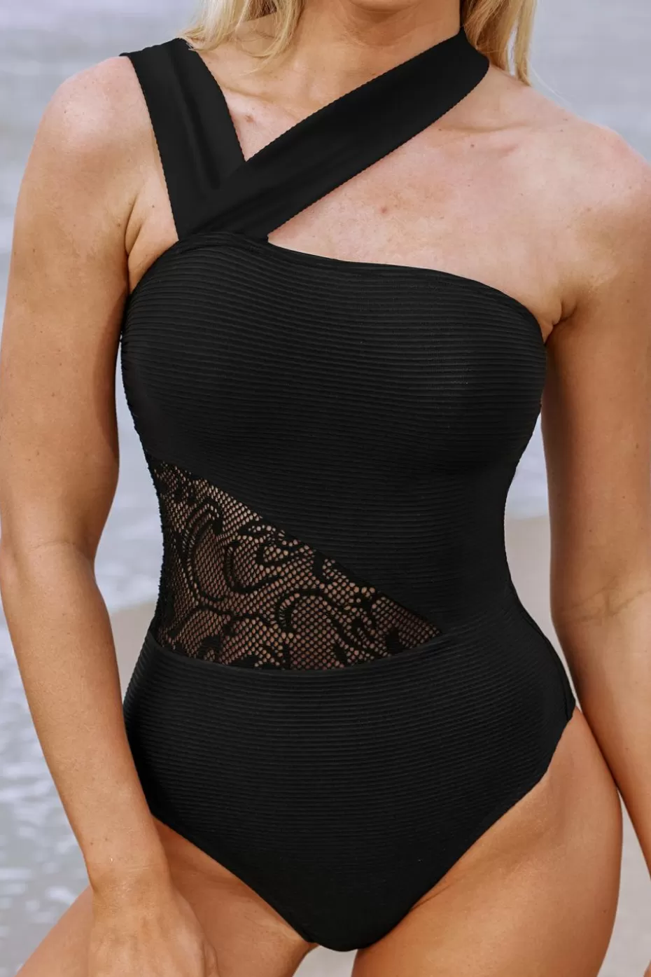 Best Cupshe Ribbed Lace Cheeky One-Piece Black