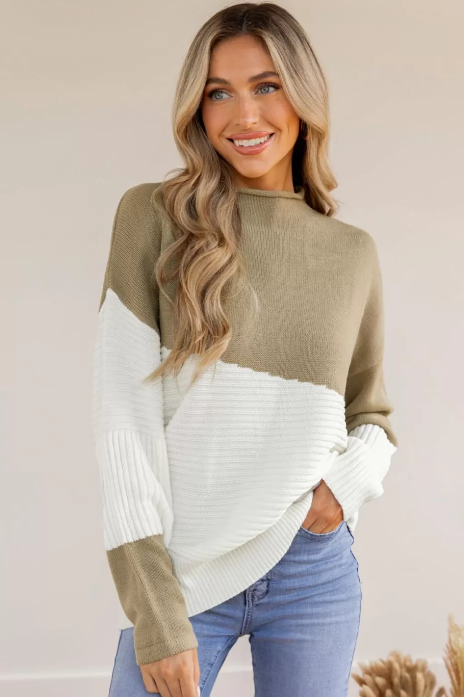 Clearance Cupshe Ribbed Colorblock Mock Neck Sweater Brown