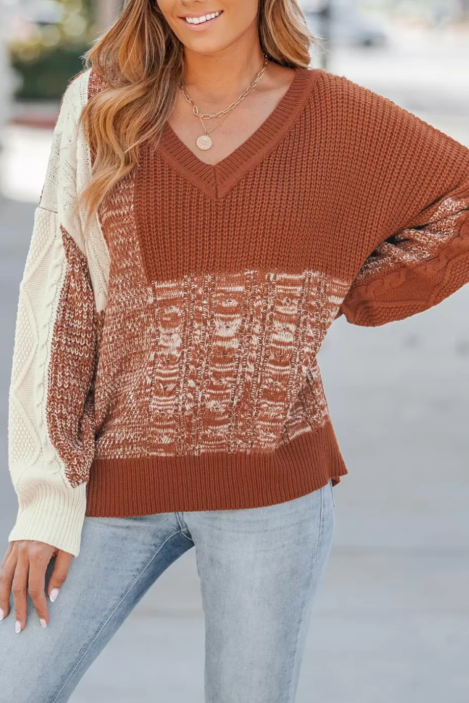 New Cupshe Ribbed Colorblock V-Neck Knit Sweater Brown