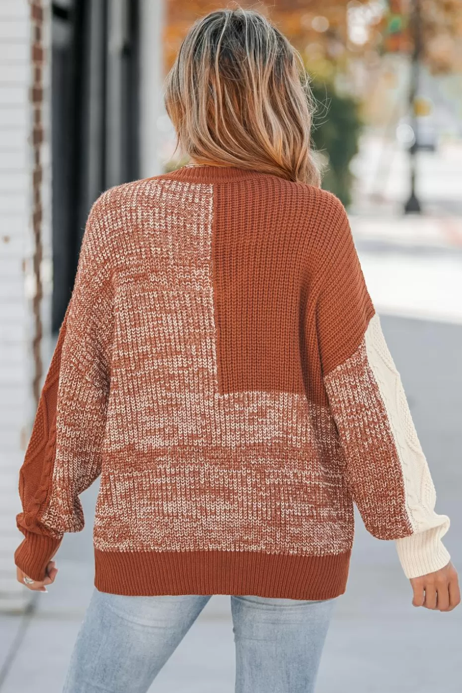 New Cupshe Ribbed Colorblock V-Neck Knit Sweater Brown