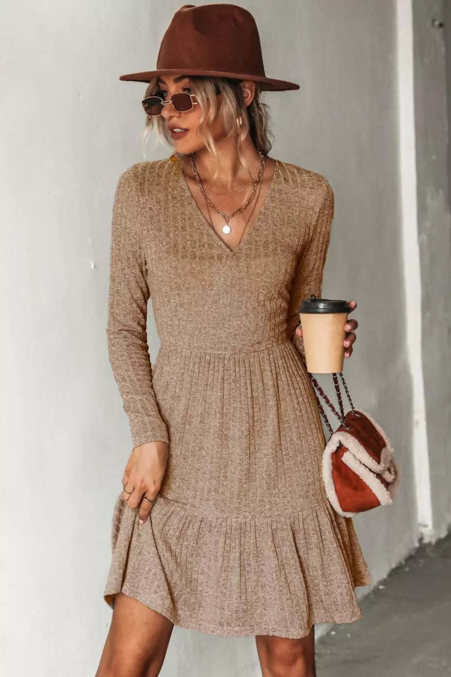 Sale Cupshe Ribbed Flounce Coffee Dress Brown