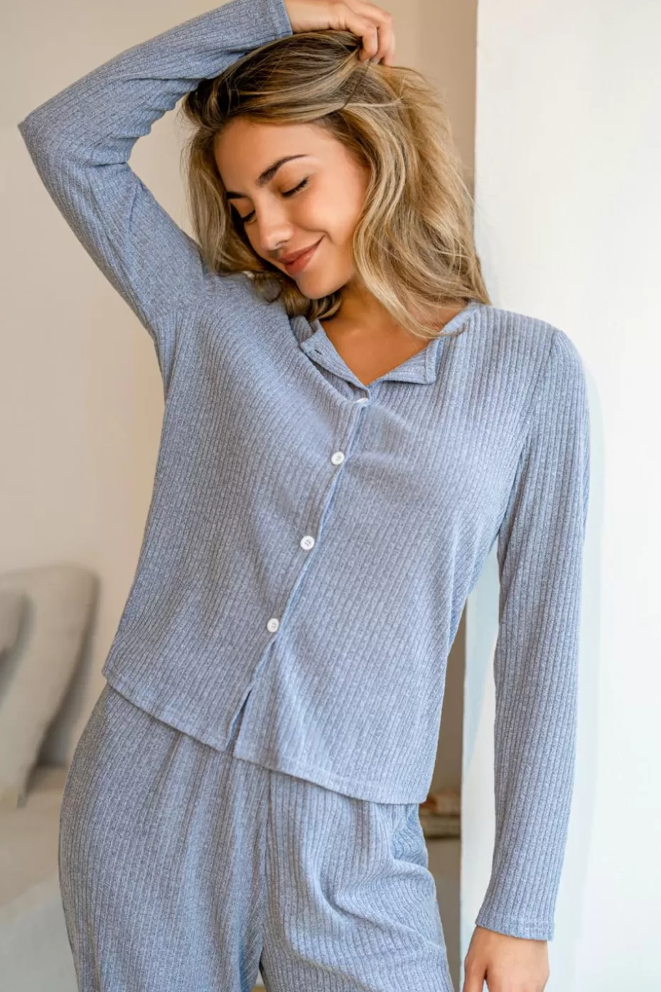 Store Cupshe Ribbed Jersey Long Sleeve Top & Pants Pajama Set Periwinkle