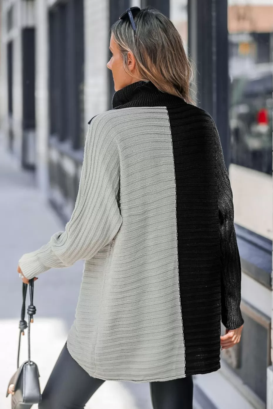 Discount Cupshe Ribbed Knit Asymmetric Colorblock Turtleneck Sweater Black