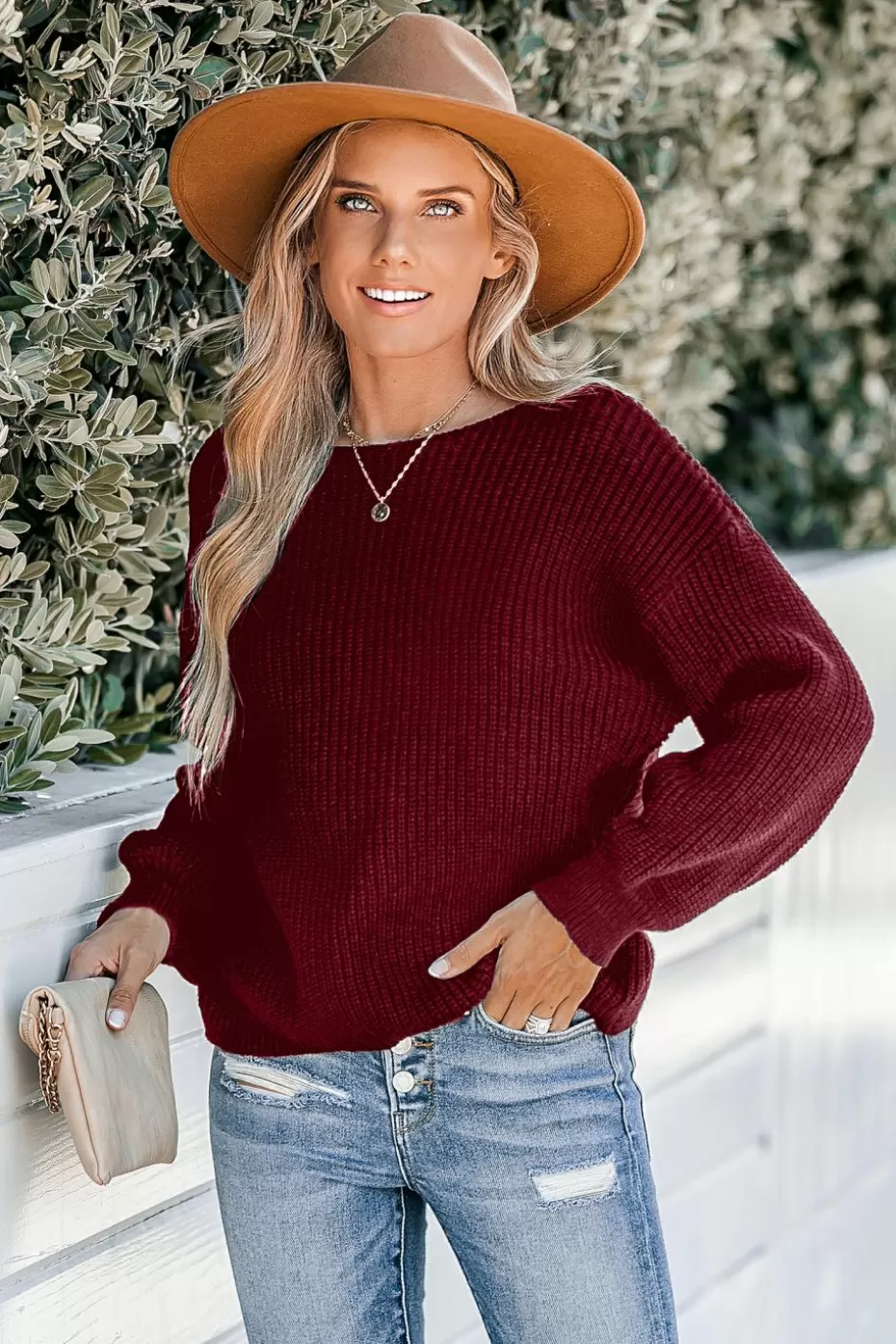 Sale Cupshe Ribbed Knit Boatneck Long Sleeve Sweater Red
