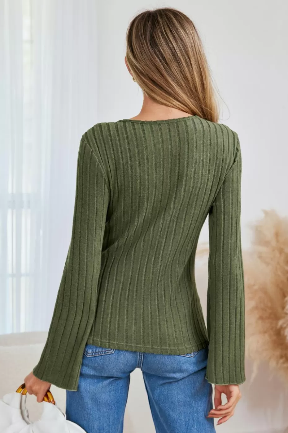 Online Cupshe Ribbed Knit Flared Sleeve V-neck Top Green