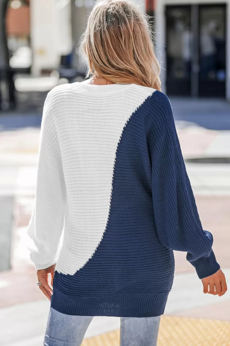 Store Cupshe Ribbed Knit Two-Tone Sweater White/Navy