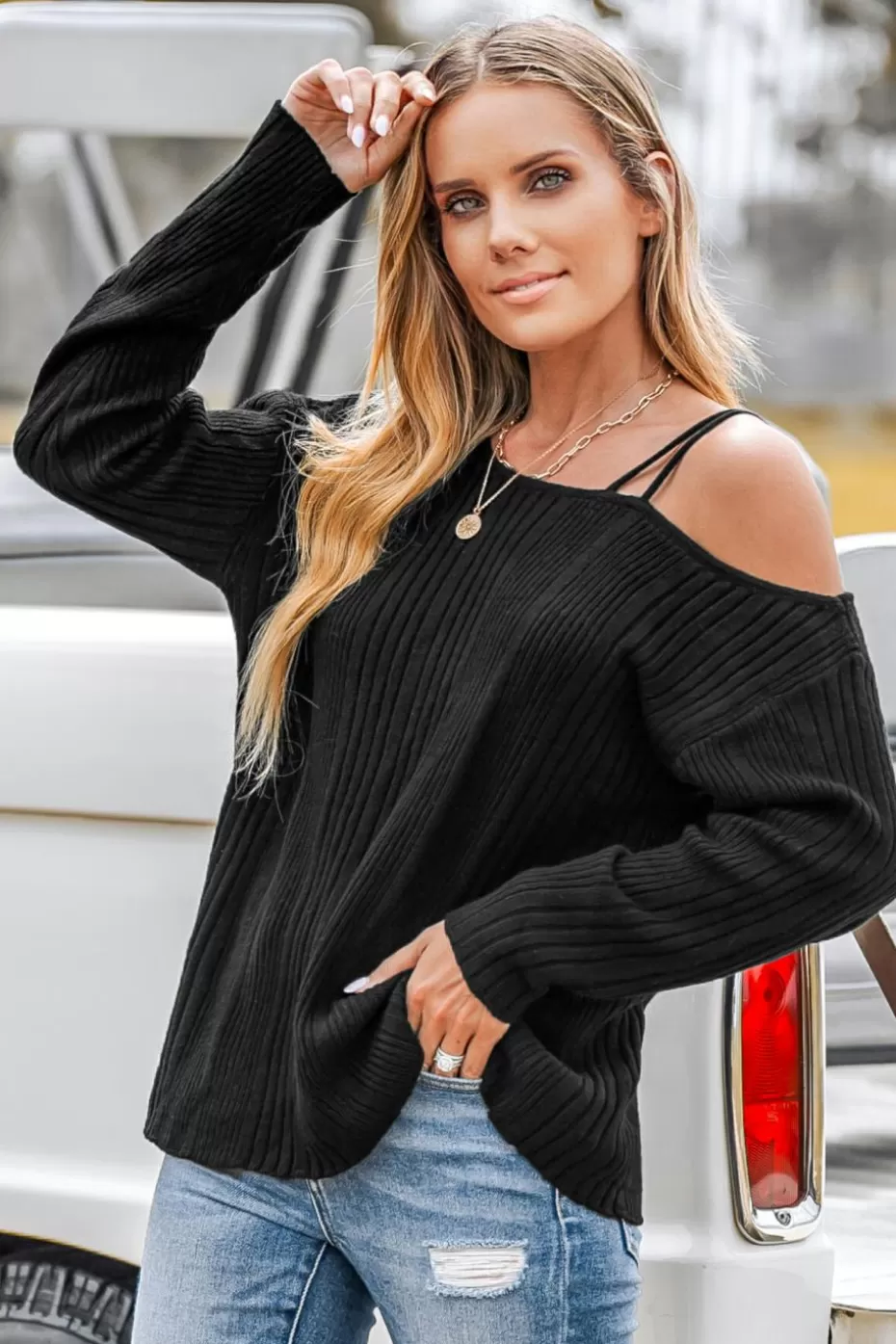 Fashion Cupshe Ribbed One-Shoulder Sweater Black