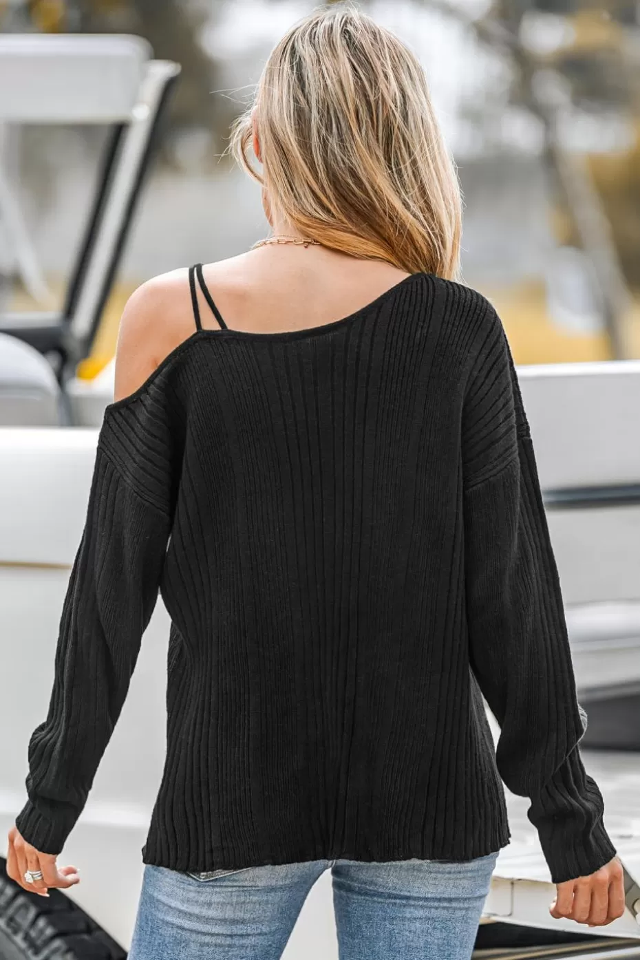 Fashion Cupshe Ribbed One-Shoulder Sweater Black