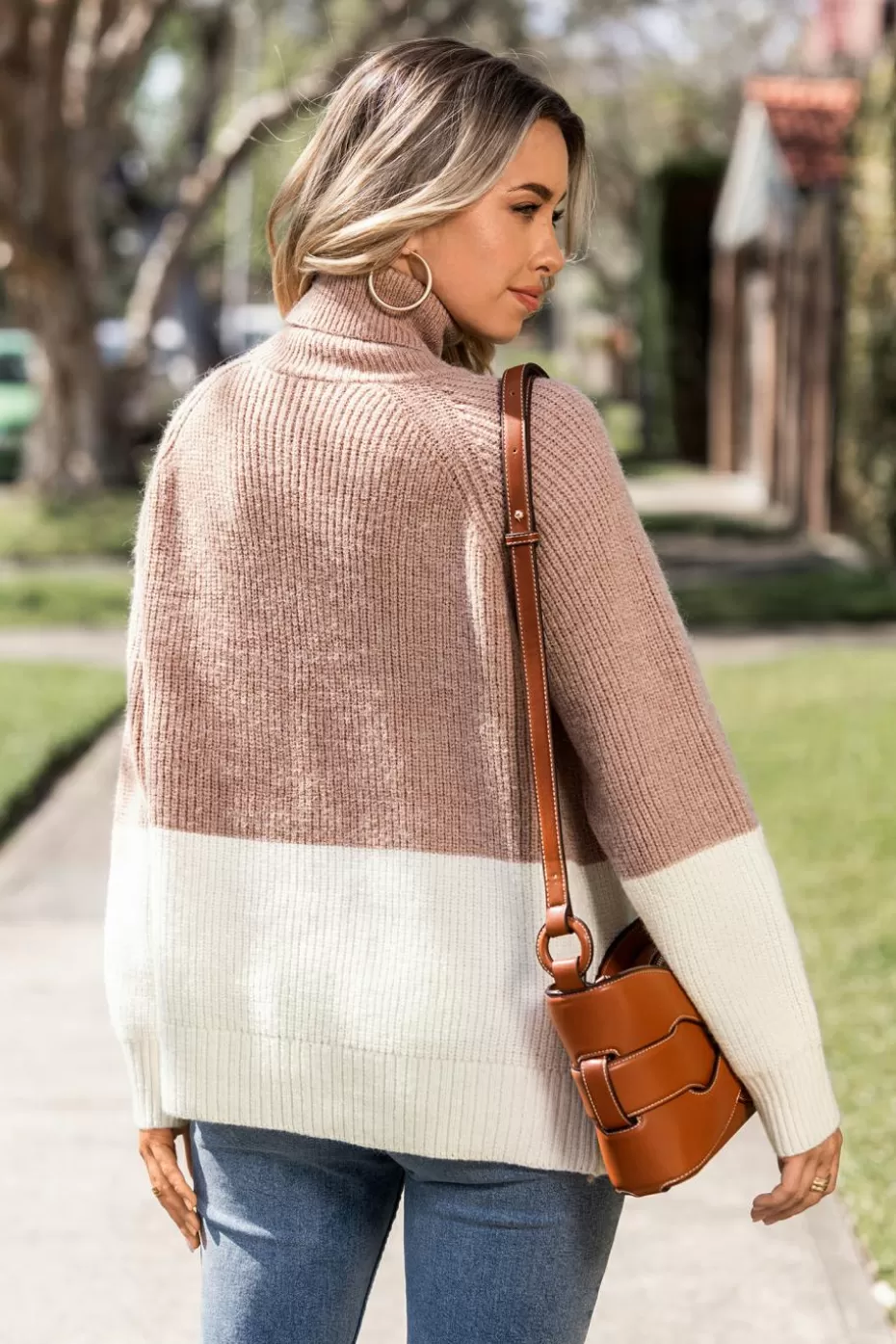 Sale Cupshe Rose & White Colorblock Long Sleeve Turtleneck Sweater Pink