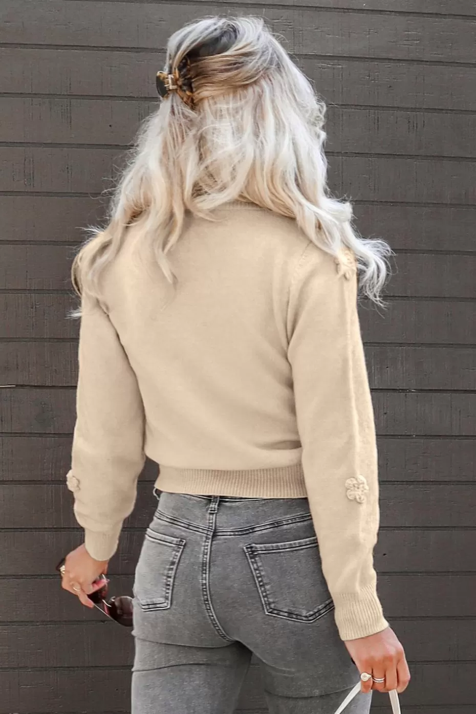 Shop Cupshe Rose Puff Sleeve Round Neck Sweater Khaki