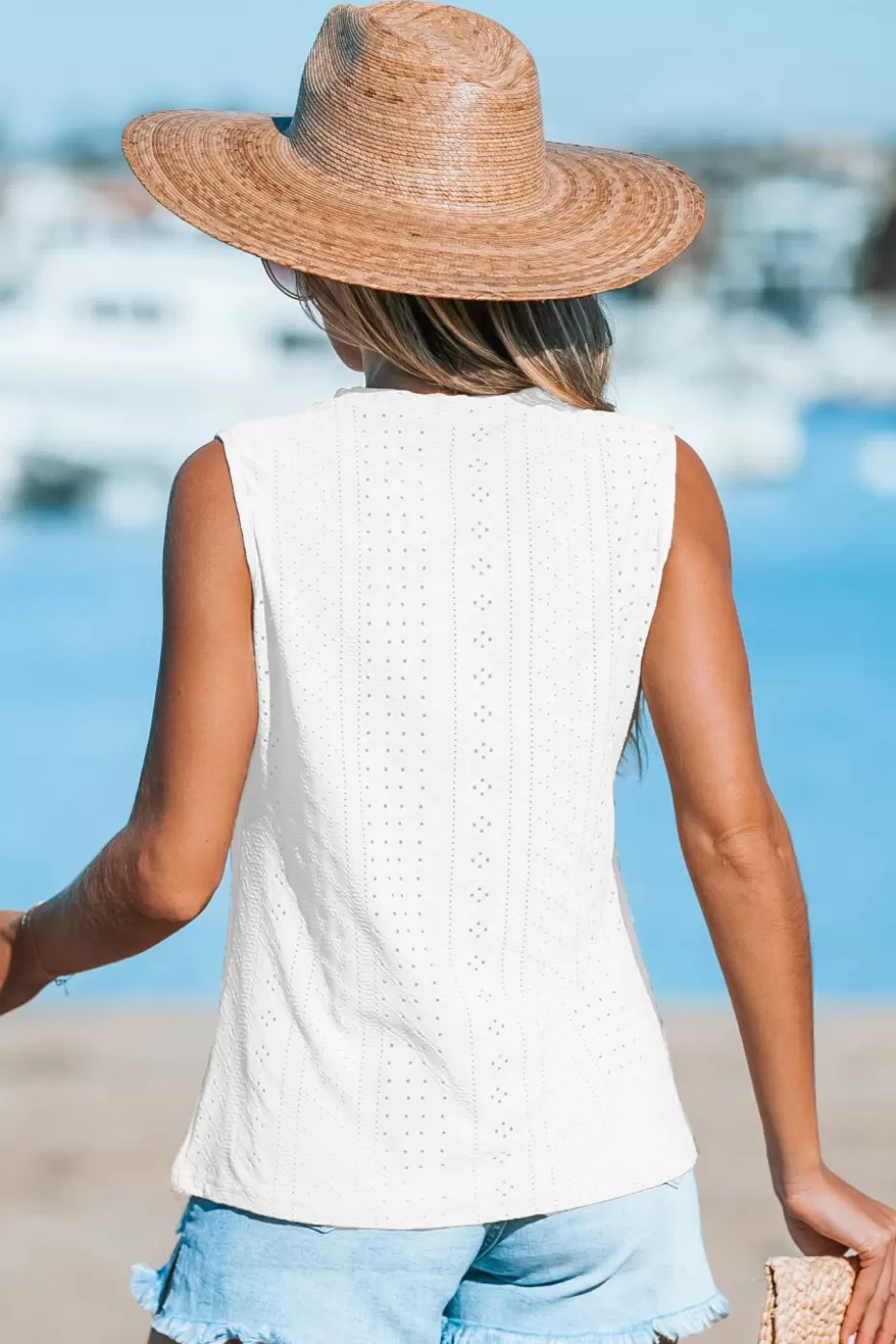 Hot Cupshe Round Neck Eyelet Jersey Tank White