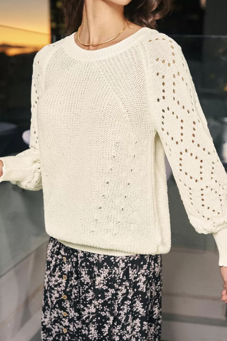 Online Cupshe Round Neck Perforated Blouson Sleeve Sweater Apricot