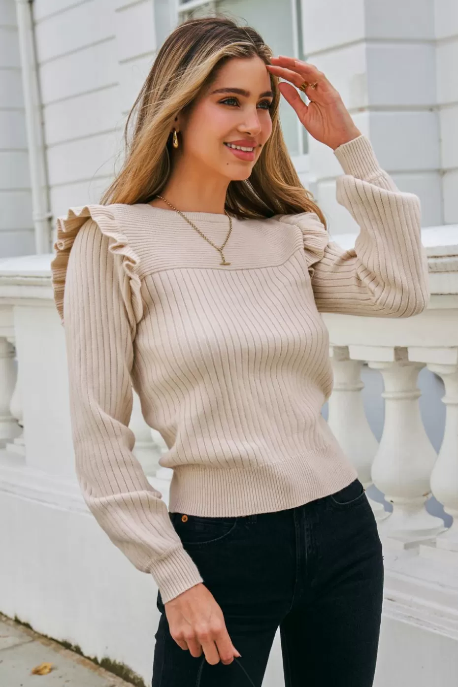 Discount Cupshe Round Neck Ruffled Knit Sweater Apricot
